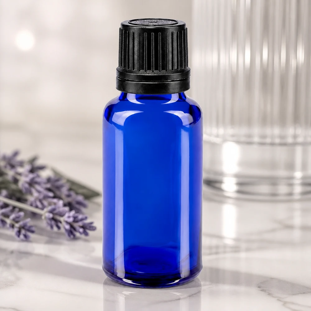 UV-schützendes blaues Apothekerglas 20ml mit schwarzem Sicherheitsverschluss 8mm Öffnung