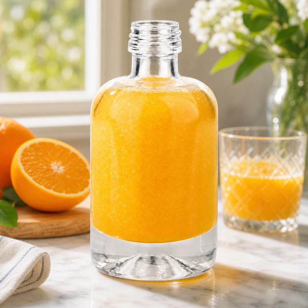 40ml Glasflasche "Sara" ohne Schraubverschluss UNiTWIST 40ml Glasflasche Sara mit orangem Saft gefüllt zeigt Vielseitigkeit für Getränke und Kosmetik ohne Verschluss