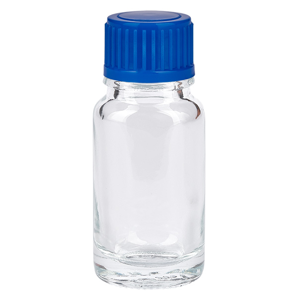 10ml lahvička 11mm šroubovací uzávěr modrý Standard ClearLine UT18/10 ClearLine 10ml Klarglas Fläschchen mit blauem Verschluss 11mm ideal für Kosmetik Pharmazie