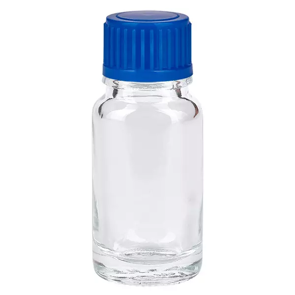10ml lahvička 11mm šroubovací uzávěr modrý Standard ClearLine UT18/10 ClearLine 10ml Klarglas Fläschchen mit blauem Verschluss 11mm ideal für Kosmetik Pharmazie