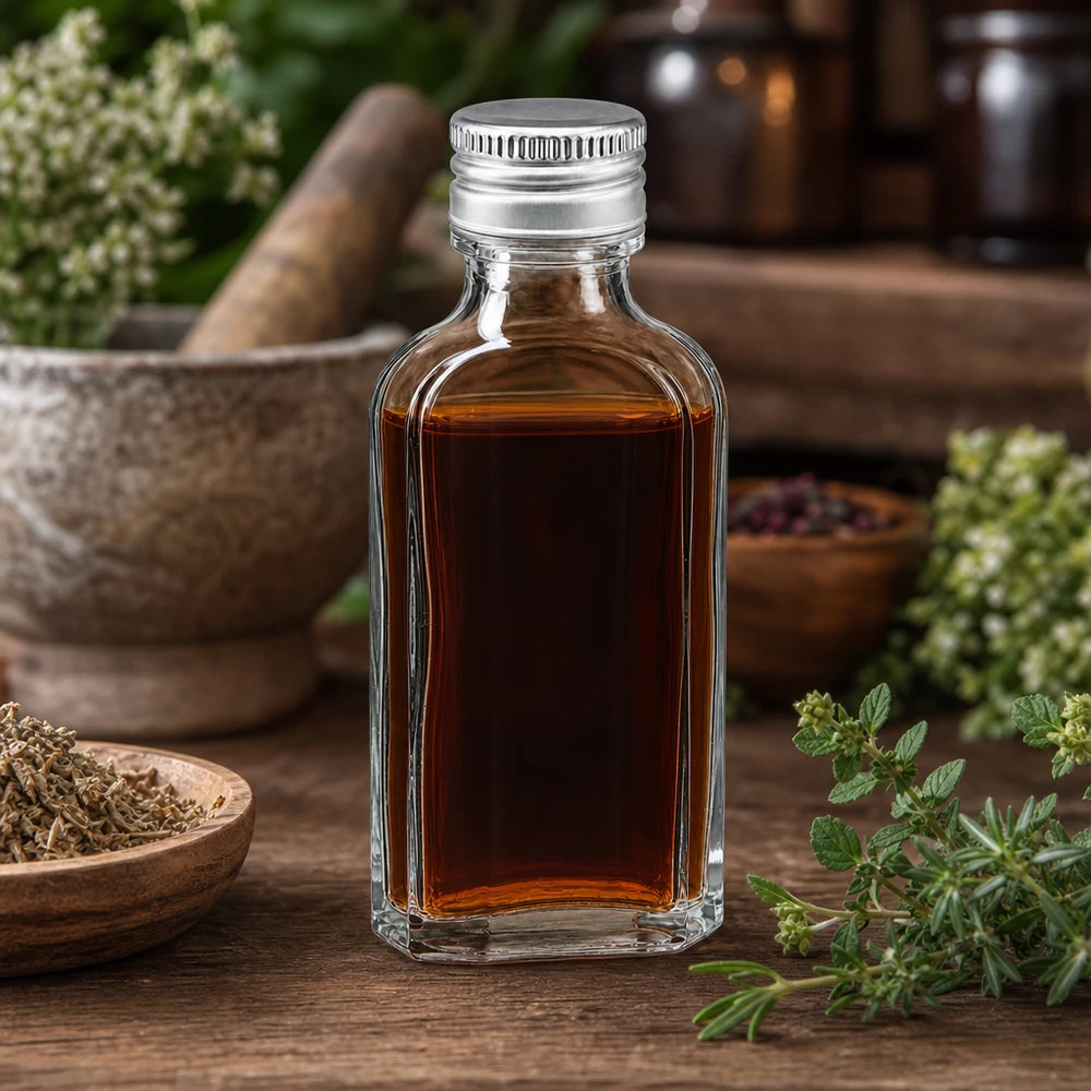 Meplat Glasflasche 50ml mit silbernem Alu Deckel PP22 auf rustikalem Holztisch mit Heilkräutern