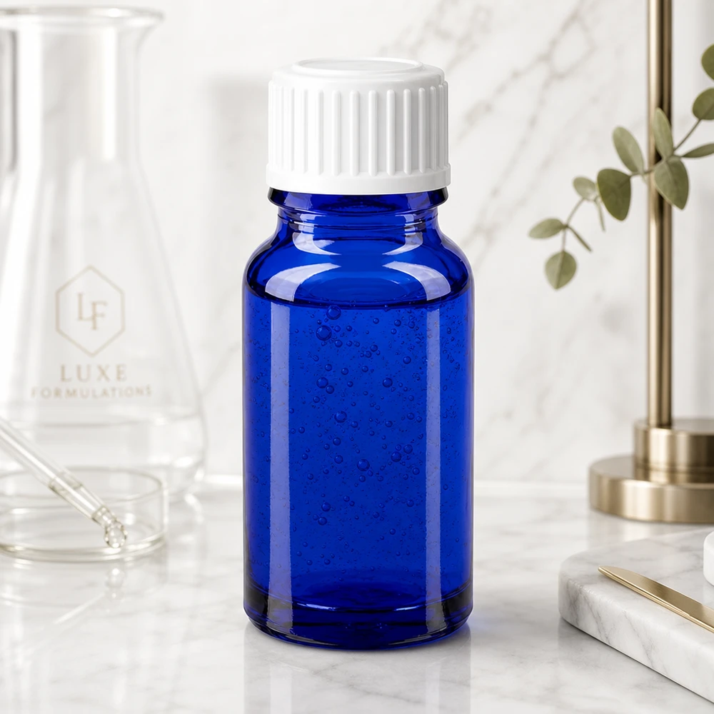Lékárenská láhev modrá 10ml šroubovací uzávěr bílý standardní Lichtschutz Apothekerflasche 10ml in Blau mit weißem 11mm Verschluss auf Marmoroberfläche