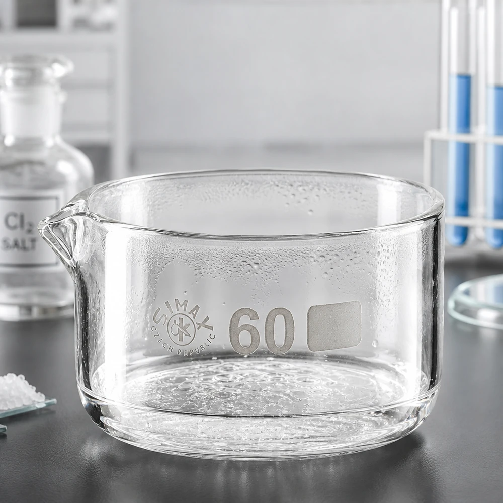 60ml krystalizační miska s borosilikátovou výlevkou ø60mm Kristallisierschale 60mm Durchmesser flach Glas Simax Tschechien Ausguss Laborausstattung 60ml