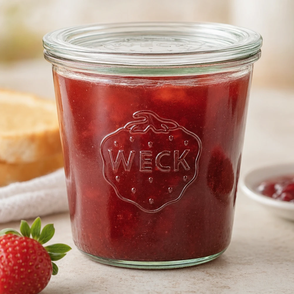 Zavařovací sklenice 580ml se skleněným víčkem WECK RR100 WECK Sturzglas 580ml RR100 mit roter Erdbeermarmelade und Strawberry-Logo auf Küchenarbeitsplatte