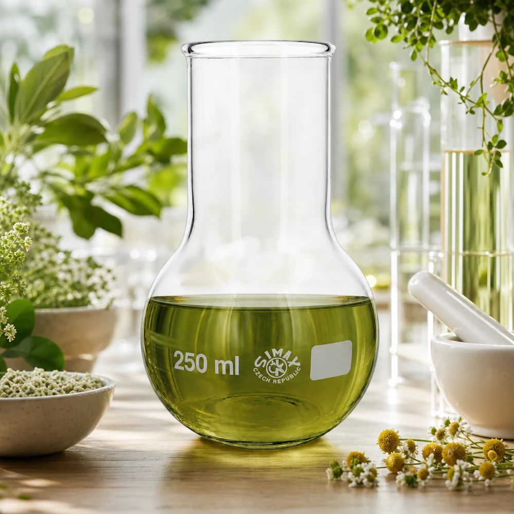 Baňka s širokým hrdlem 250ml Laborstehkolben 250ml mit grüner Substanz in hellem Raum zwischen botanischen Versuchsaufbauten