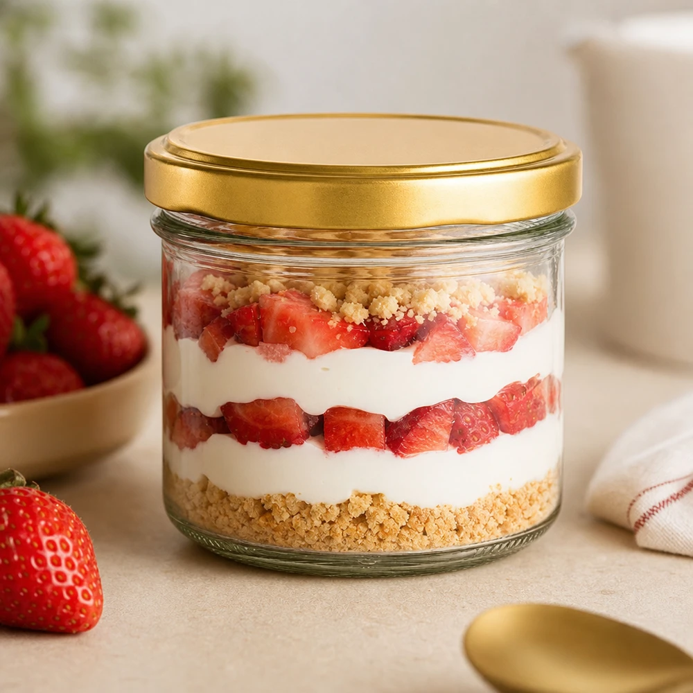 225ml tumblery s víčkem BasicSeal zlaté UNiTWIST 225ml Sturzglas UNiTWIST gold mit BasicSeal Deckel als Dessertglas für Erdbeertrifle mit Sahne und Keksboden
