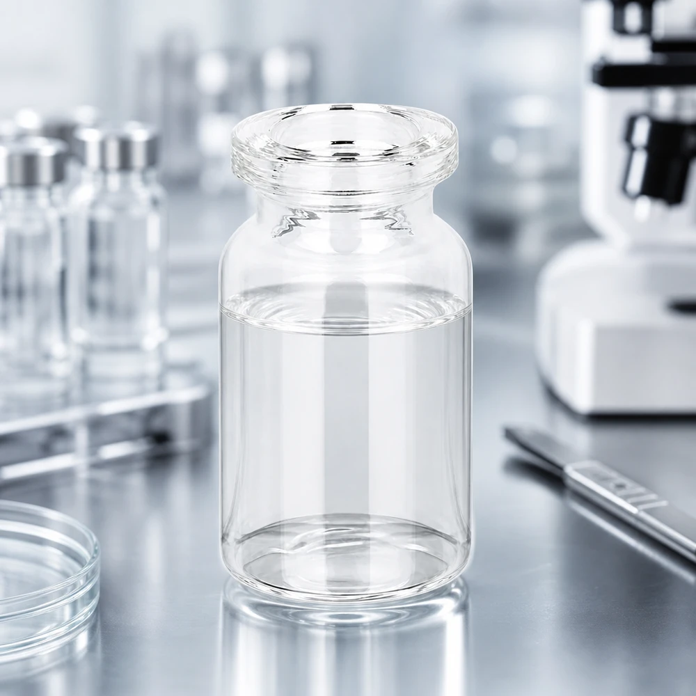 Injekční lahvička z čirého skla 5 ml Hochwertige Klarglas Viale 5ml für Injektionslösungen vor medizinischem Laborhintergrund mit Mikroskop