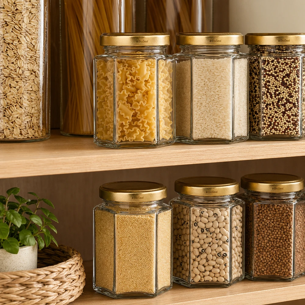 Dóza hexa o objemu 196 ml se zlatým víčkem UNiTWIST BioSeal. Sechseckige UNiTWIST Hexa196 Vorratsgläser mit TO58 BioSeal Golddeckel in organisierter Pantry mit Nudeln und Hülsenfrüc