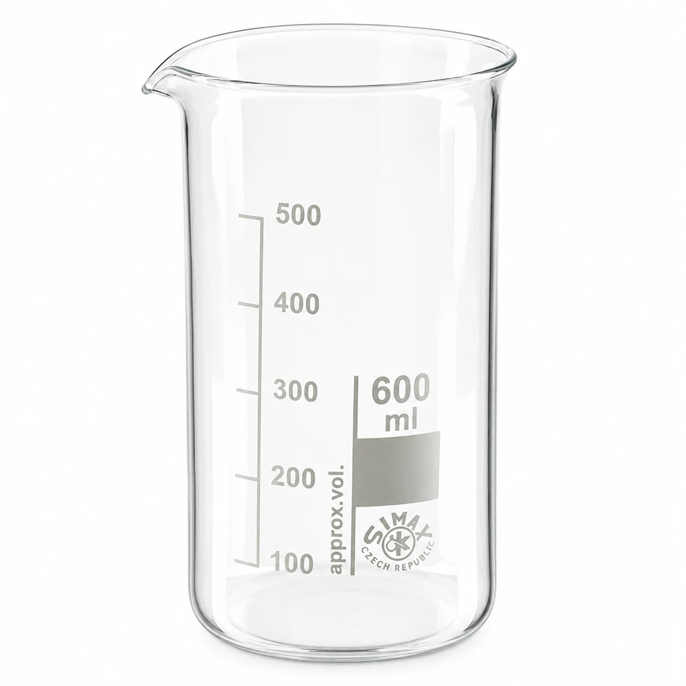 Kádinka 600 ml z borosilikátového skla, vysoký tvar Simax Becherglas 600ml aus Borosilikatglas hohe Form mit präziser Volumenskala bis 500ml