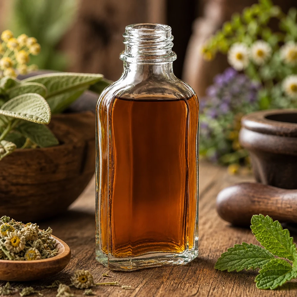 Láhev s meplatem 50 ml čirá DIN22 Naturheilkunde Aufbewahrung in 50 ml Meplatflasche klar DIN22 neben getrockneten Kräutern