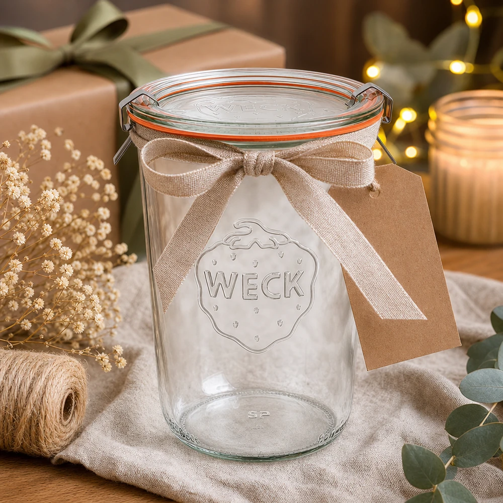Kompletní sklenice s objemem 850 ml WECK RR100 s čerstvostí. WECK 850ml Sturzglas RR100 als Geschenkidee dekoriert mit Schleife und Anhänger in gemütlicher Weihnachtsszene