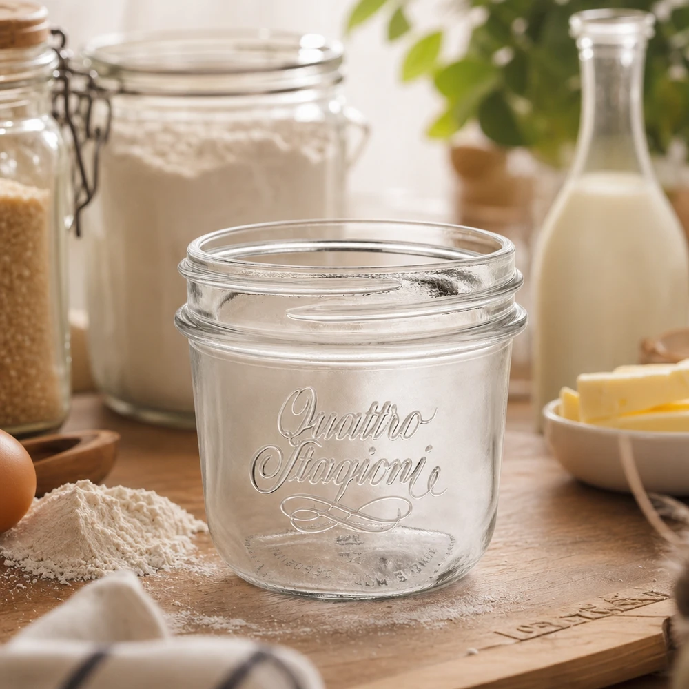 200ml Quattro Stagioni Einmachglas aus Glas auf Holztisch mit Backzutaten Mehl Eier und Milchflasche in Küche