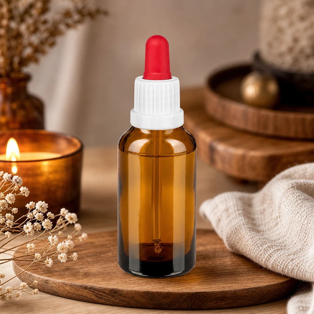30ml pipetovací láhev bílá/červený uzávěr s ochranou proti manipulaci BrownLine UT18/30 Elegante Braunglasflasche 30ml mit weißem Verschluss für stylische Aufbewahrung von Beauty-Produkten