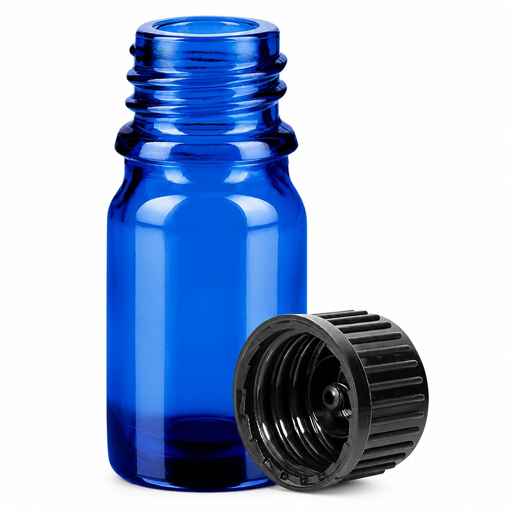 5ml láhev 11mm šroubovací uzávěr černá Standard BlueLine UT18/5 Dunkelblau getönte 5ml Glasflasche mit UV-Schutz und fest sitzendem schwarzen Verschluss