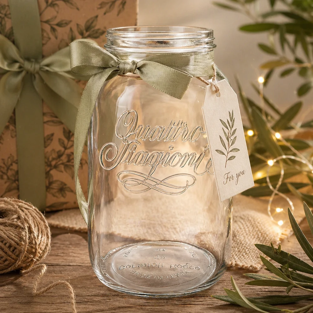 3800ml Quattro Stagioni Haushaltsglas mit grüner Schleife und Geschenkanhänger auf rustikalem Holztisch dekoriert
