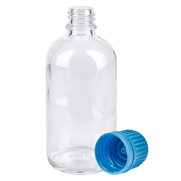 100ml láhev 11mm šroubovací uzávěr modrý tamper-evidentní uzávěr ClearLine UT18/100 ClearLine Flasche 100ml UT18 Klarglas mit separatem blauem Sicherheitsschraubverschluss