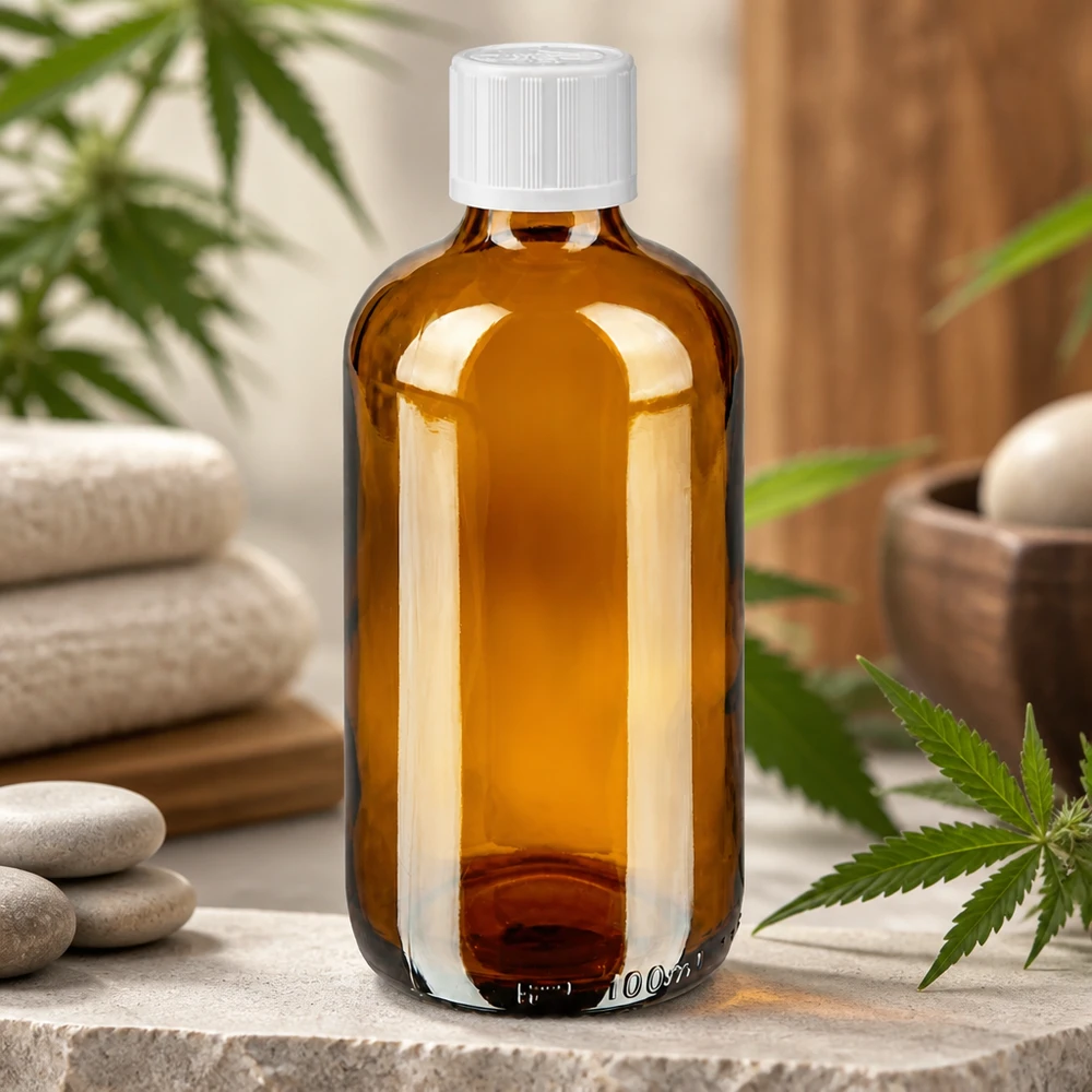 Pharmazeutische 100ml Tropfflasche ApoGlas braun mit weißem Sicherheitsdeckel im Naturkosmetik Setting