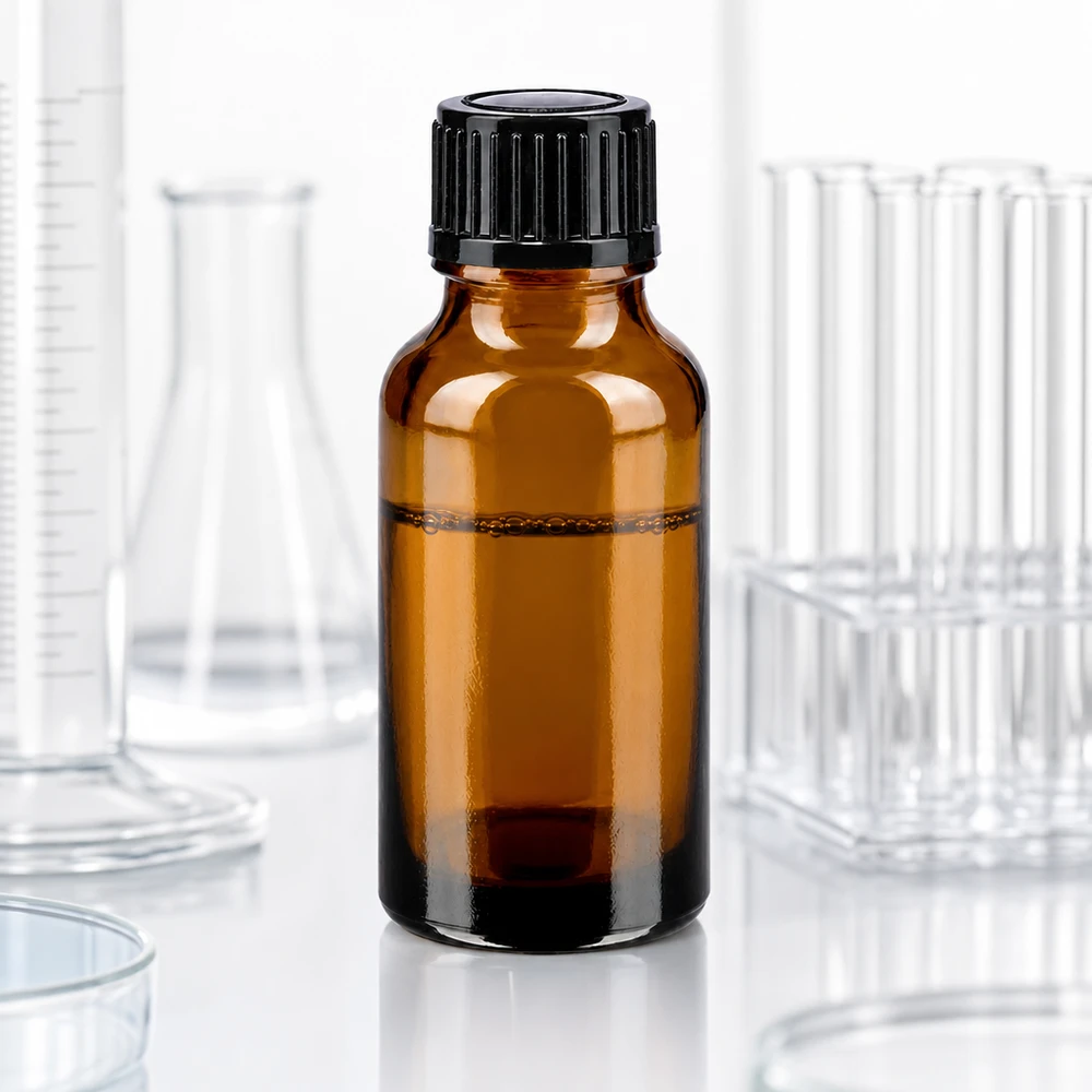 Lékárenská láhev hnědá 20ml šroubovací uzávěr černá standardní Apothekerflasche 20ml Braunglas lichtgeschützt schwarzer Verschluss auf weißer Oberfläche