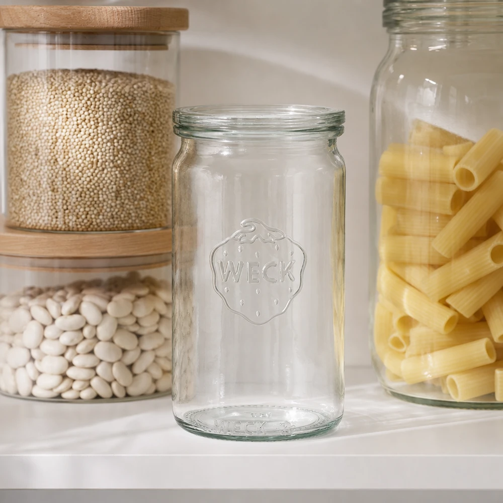 340ml cylindrická dóza se skleněným víčkem WECK RR60 WECK 340ml Zylinderglas RR60 leer in moderner Pantry zwischen Vorratsgläsern mit Hülsenfrüchten und Nudeln Küchenausstat