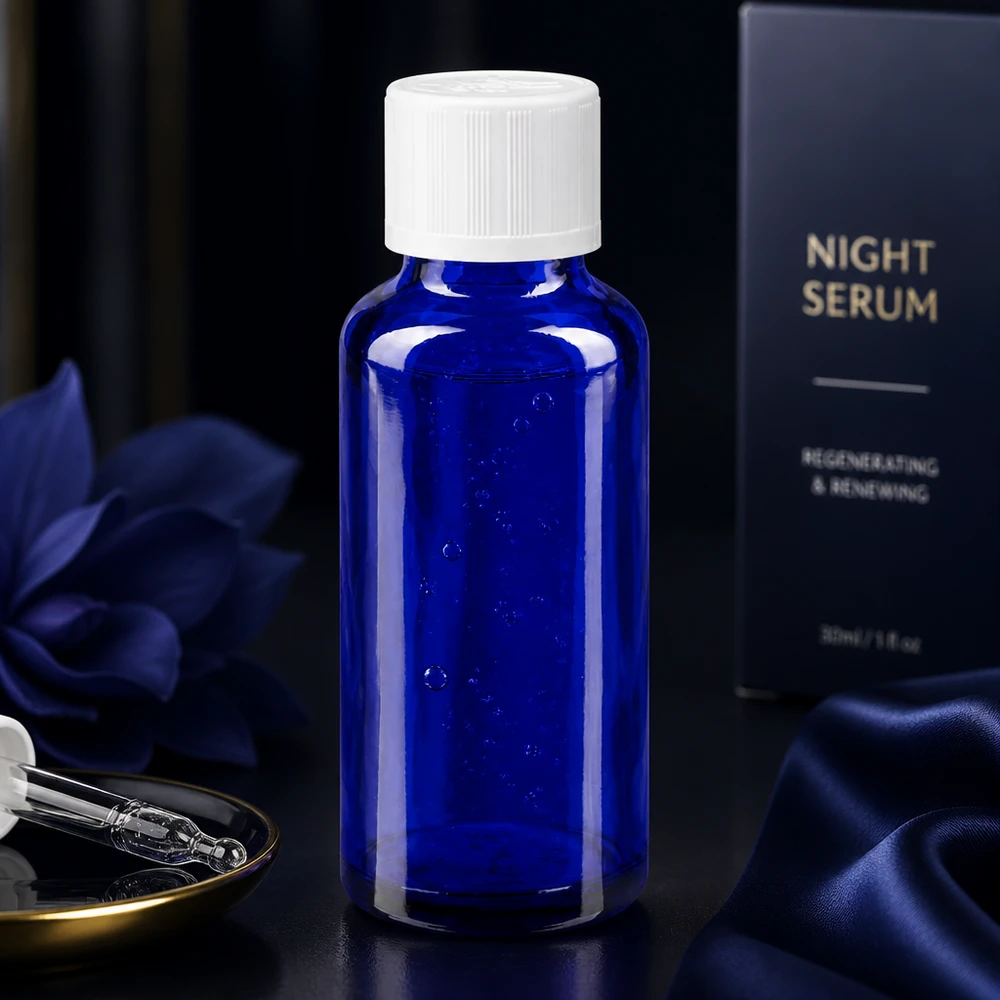 Lékárenská láhev modrá 30ml kapátko bílý uzávěr odolný proti otevření dětmi standardní. Blaue Serumflasche 30ml aus Schutzglas mit Tropfeinsatz neben Seidenstoff und Glasdropper
