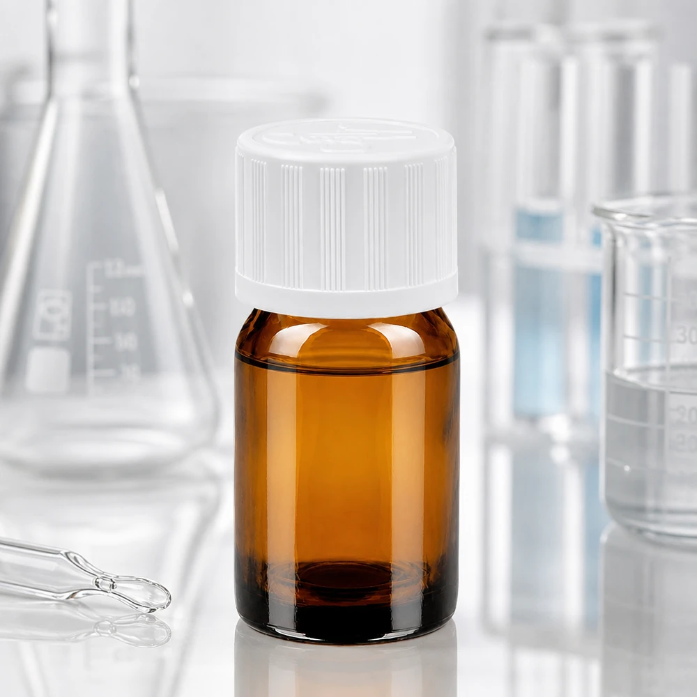 5ml láhev 11mm šroubovací uzávěr bílý standardní dětská pojistka BrownLine UT18/5 5ml Miniatur-Glasflasche mit brauner Tönung und weißem Deckel für mobile Probenentnahme und Transport