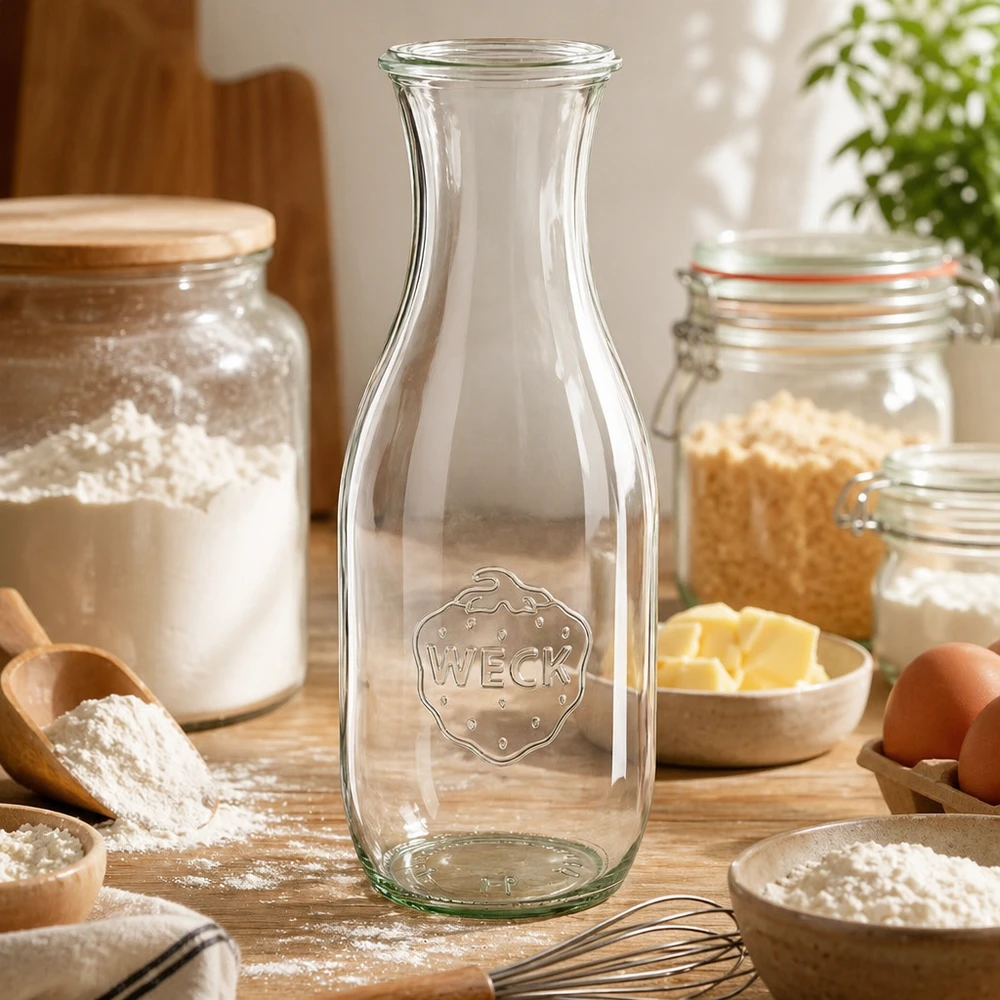 1062ml láhev na šťávu WECK RR60 s dřevěným dřevem. WECK Saftflasche 1062ml RR60 in Backküche mit Mehl Eiern Butter und Backzutaten als vielseitiges Küchengefäß
