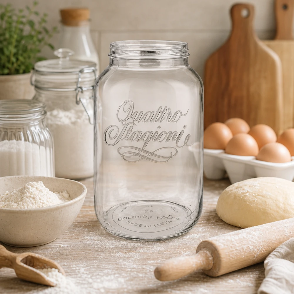 3800ml kulatá zavařovací sklenice "Quattro Stagioni" QS110mm 3800ml Quattro Stagioni Haushaltsglas in rustikaler Küche mit Backzutaten, perfekt für Vorratshaltung und Dekoration