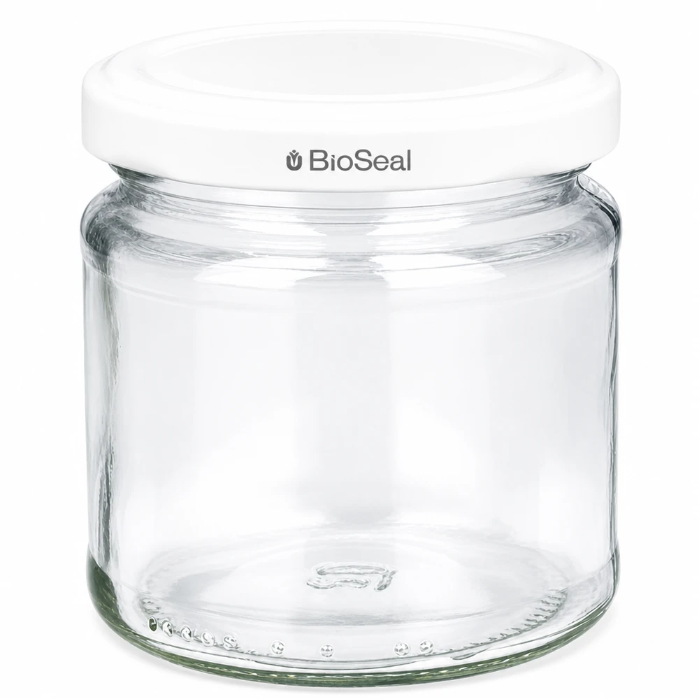 Kulatá sklenice o objemu 212 ml s bílým víčkem BioSeal UNiTWIST UNiTWIST Runda212 Glasgefäß mit weißem TO66 BioSeal Schraubdeckel für Lebensmittel Aufbewahrung