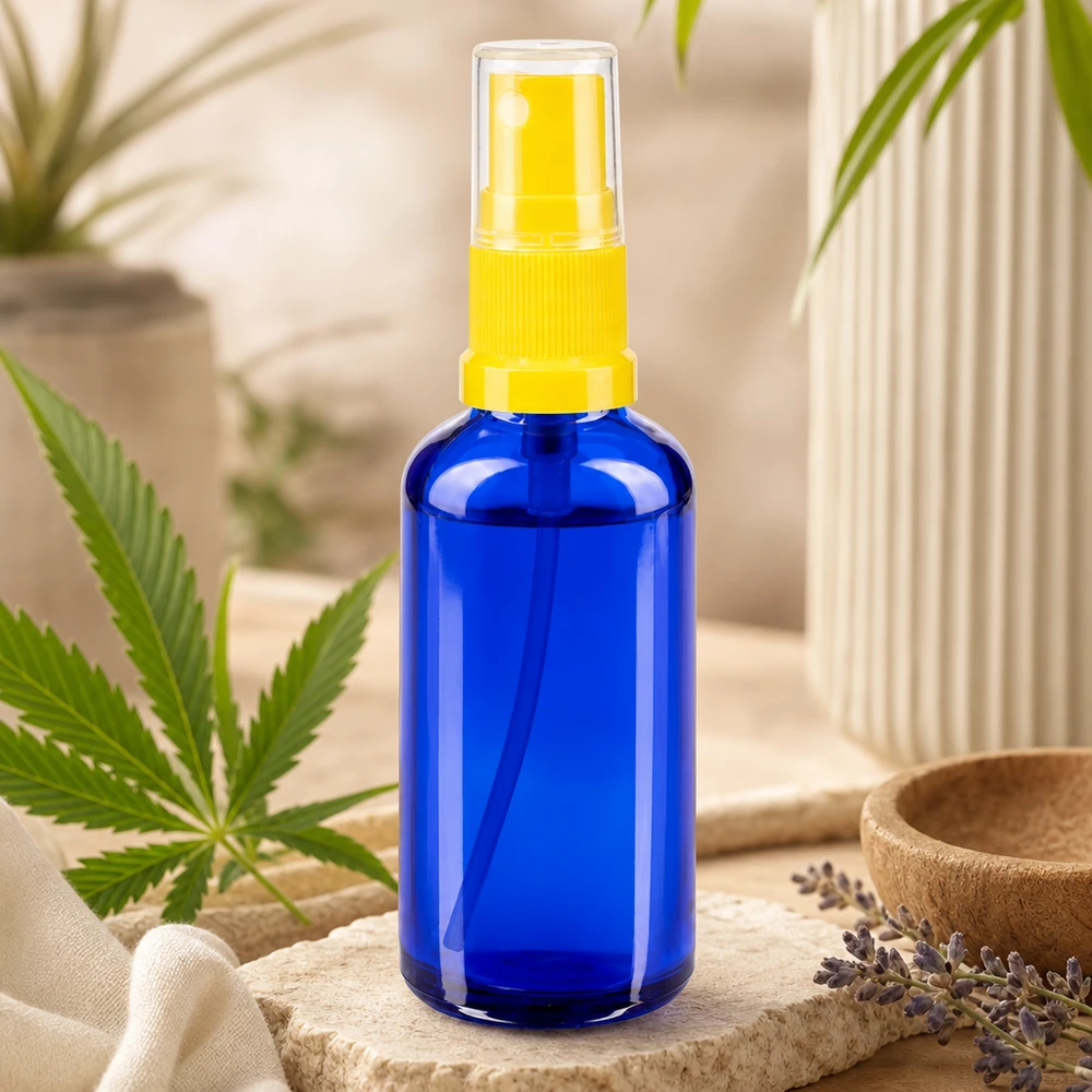Kompakte blaue STD Sprayflasche 50ml aus Apothekerglas mit UV-Schutz und Sprühkopf