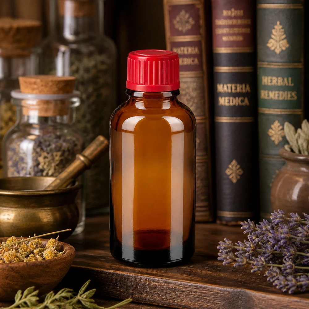 Vielseitige 30ml Tropfflasche aus braunem Schutzglas mit praktischem rotem Verschluss