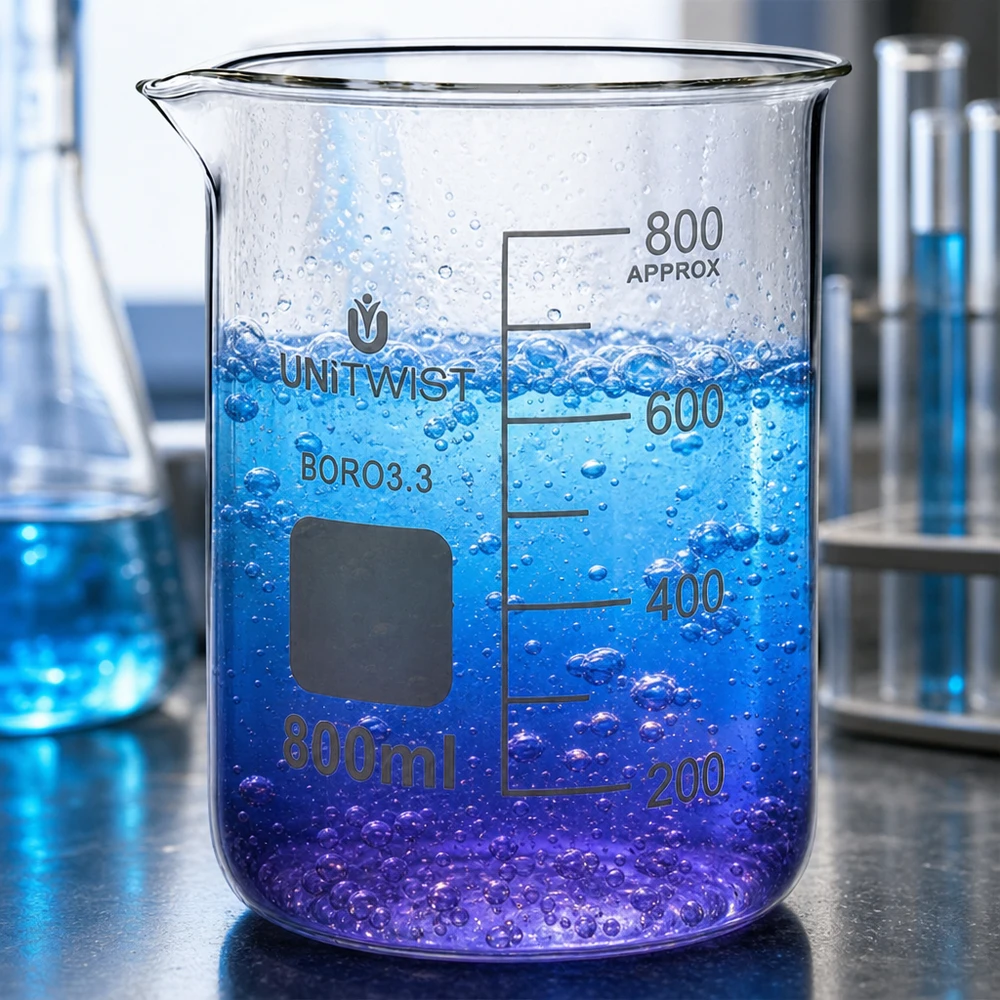 Kádinka 800ml borosilikátová, nízká forma UNiTWIST UNiTWIST Becherglas 800ml klares Borosilikatglas niedrige Form mit Beschriftungsfeld und Skala