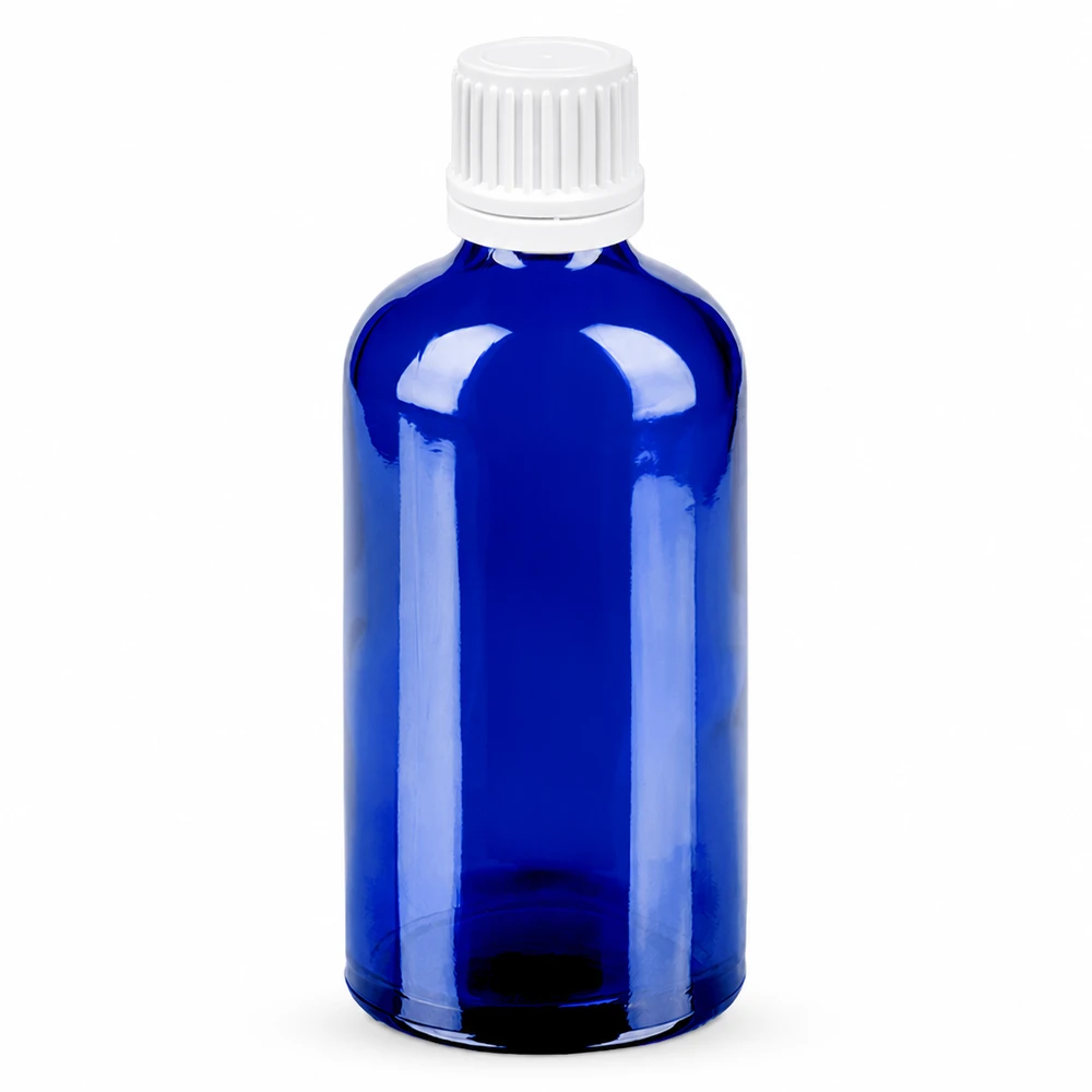 100ml láhev 11mm šroubovací uzávěr bílý tamper evidentní uzávěr BlueLine UT18/100 Blauglas Flasche 100ml für ätherische Öle mit weissem Verschluss 11mm SV