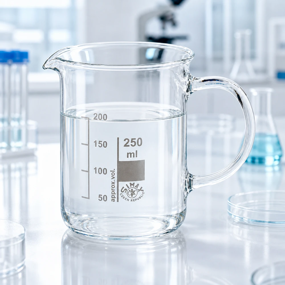 Kádinka z borosilikátového skla 250ml, s rukojetí Becherglas 250ml Borosilikatglas mit Henkel neben Petrischale und Erlenmeyerkolben im Labor
