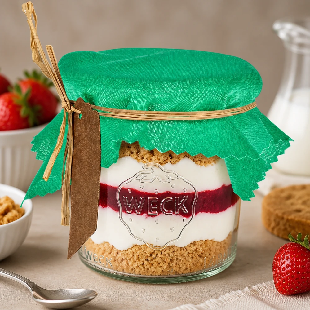 Grünes Stoff Schmuckdeckchen 12cm eckig auf Dessertglas mit Schichtdessert und frischen Erdbeeren als Tischdeko