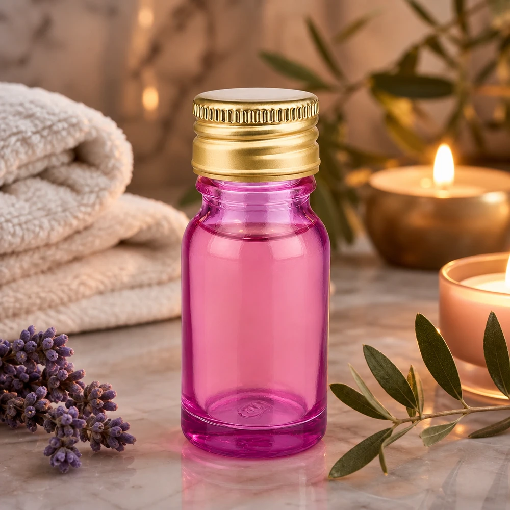 10ml lahvička PurpleLine 11mm šroubovací uzávěr hliníkový zlatý standard. UT18/10 Dekorative 10ml Violettglas-Flasche mit luxuriösem Goldverschluss für edle Produktpräsentation