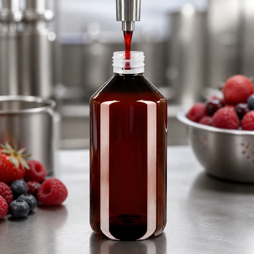 Plnění červeného ovocného džusu do hnědé PET láhve o objemu 750 ml s bílým rýhovaným šroubovacím uzávěrem