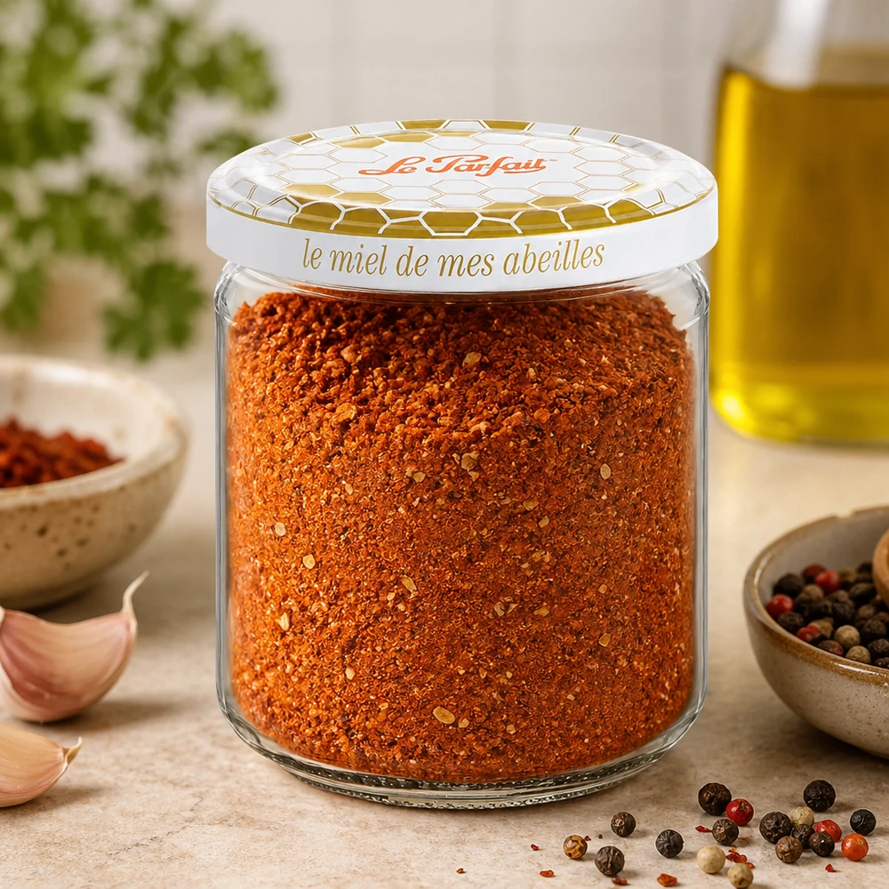 212ml Vorratsglas "Honey" mit Schraubdeckel Le Parfait® Le Parfait Honey Vorratsglas 212ml mit Gewürzmischung gefüllt neben Knoblauch Pfefferkörnern und Olivenöl