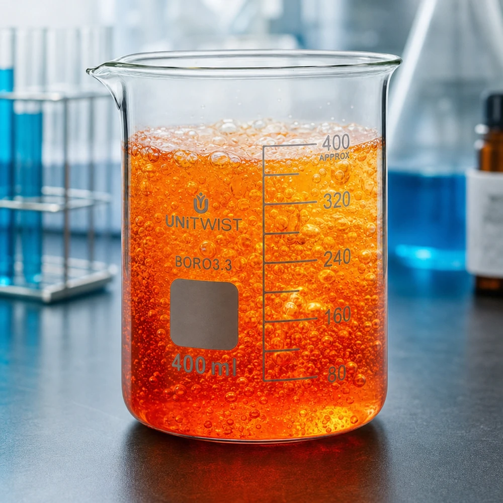 Hitzebeständiges BORO3.3 Laborbecherglas 400ml UNiTWIST mit sprudelndem orangem Reagenz befüllt
