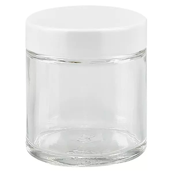 Skleněná dóza 30ml čirá, s bílým bakelitovým víčkem ApoGlas. Skleněná dóza 30ml čirá, s bílým bakelitovým víčkem ApoGlas.