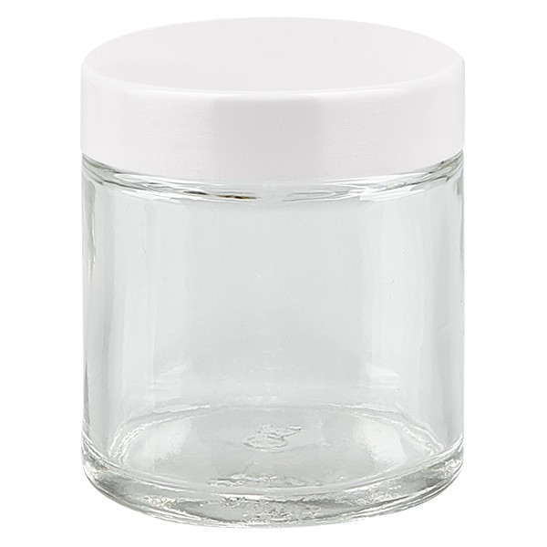 Skleněná dóza 30ml čirá, s bílým bakelitovým víčkem ApoGlas. Skleněná dóza 30ml čirá, s bílým bakelitovým víčkem ApoGlas.