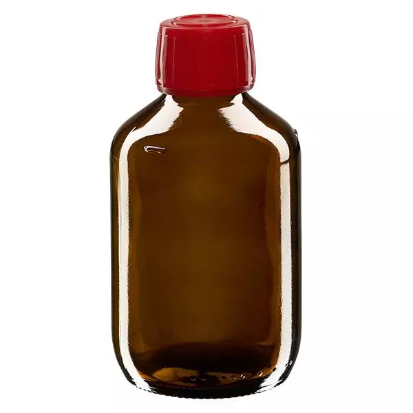 200ml lahvička na léky hnědá, červený uzávěr s kroužkem proti neoprávněné manipulaci ApoGlas