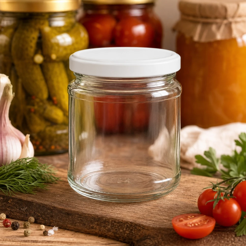 212ml kulatá sklenice s víčkem BasicSeal bílá UNiTWIST Einmachglas 212ml mit weißem Deckel auf Holzbrett neben Tomaten, Kräutern und gefüllten Konservengläsern im Hintergrund