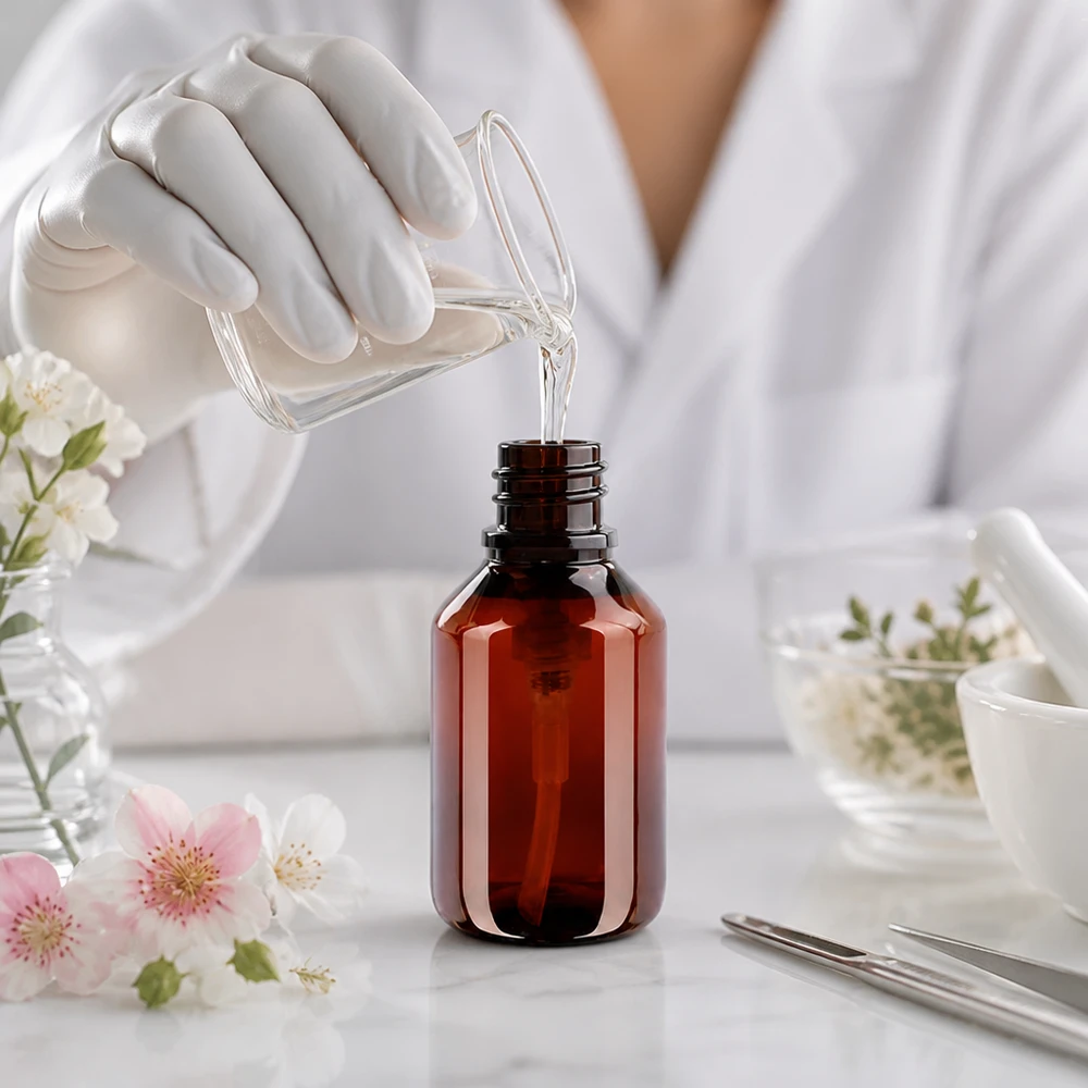 PET láhev 50ml s dávkovací pumpičkou černá Kosmetička v bílém plášti plní v laboratoři 50ml PET láhev s černým dávkovacím pumpičkem