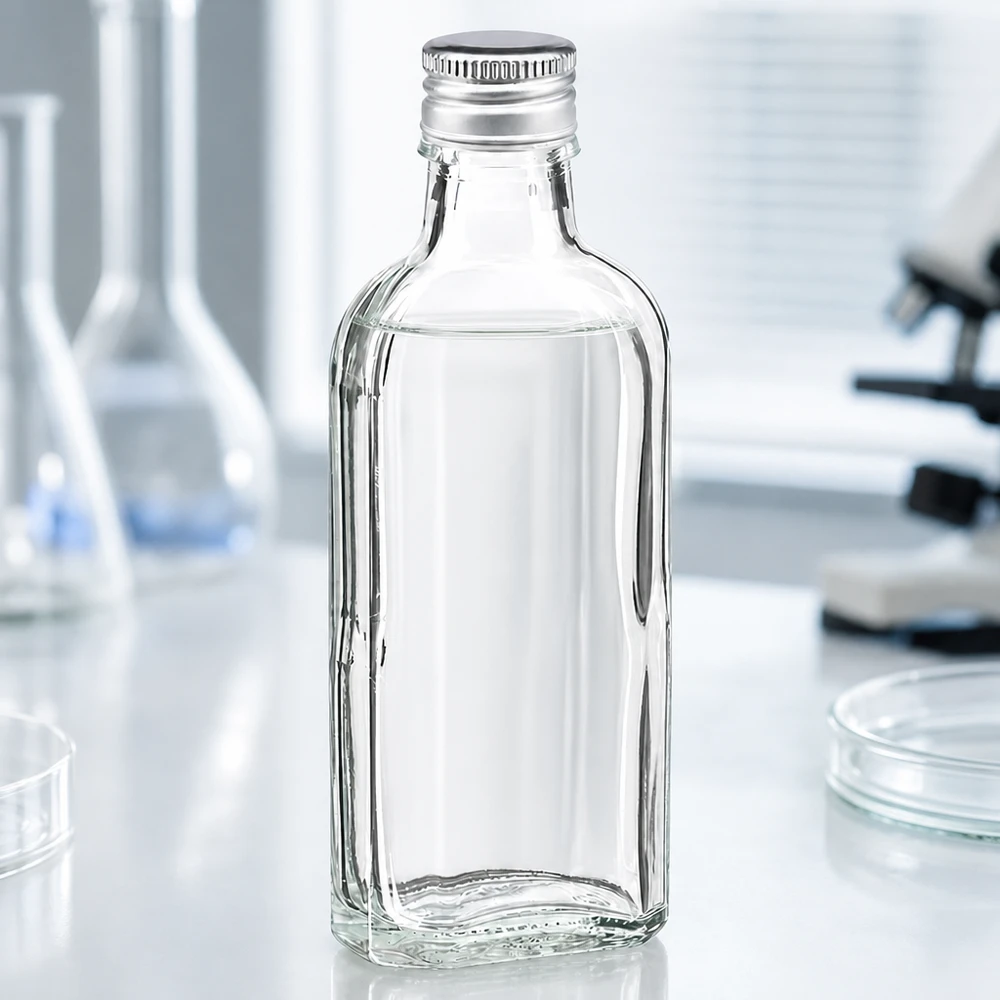 100 ml Meplat čirý s hliníkovým uzávěrem stříbrný PP22 Hochwertige Meplat Glasflasche 0,1 Liter klar mit silbernem Schraubdeckel PP22