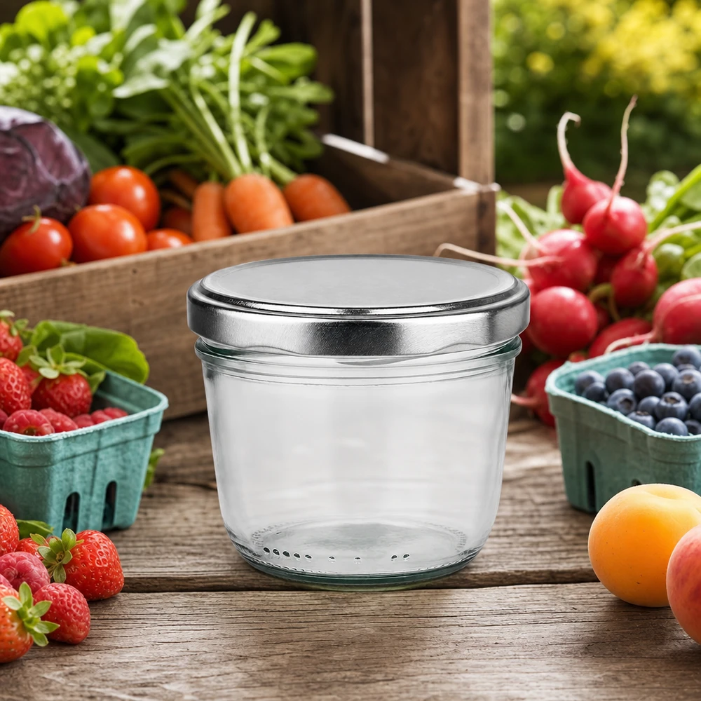 230ml tumblery s víčkem BasicSeal stříbrné UNiTWIST. 230ml Sturzglas silber BasicSeal Deckel zwischen frischem Obst Gemüse auf Holztisch Outdoor Küchenszene natürlich