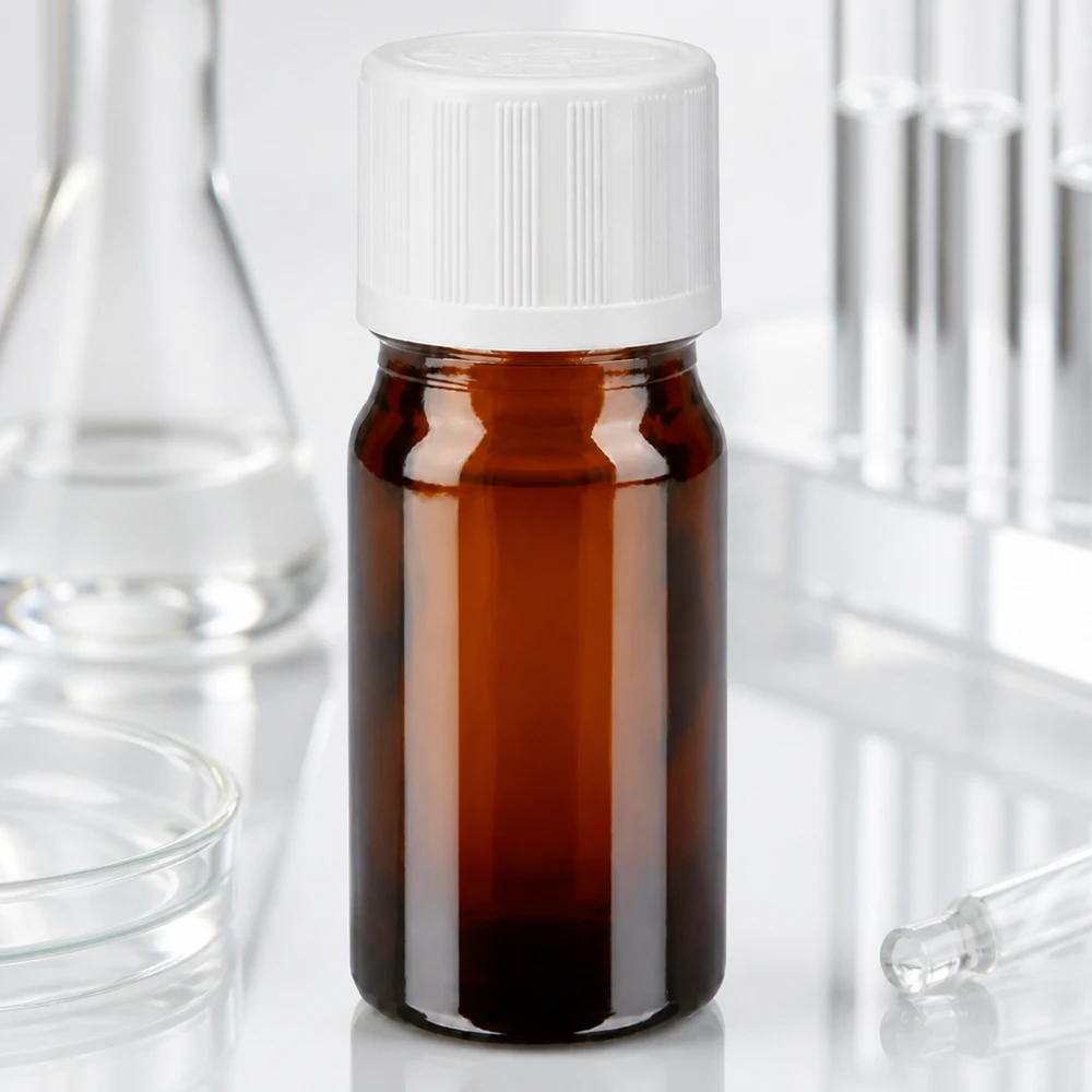 Lékárenská láhev hnědá 5ml kapátko uzávěr bílý standardní odolný proti otevření dětmi. Kompakte 5ml Braunglas-Tropfflasche mit Standard KiSi Verschluss weiß und 1,2mm Dosieröffnung