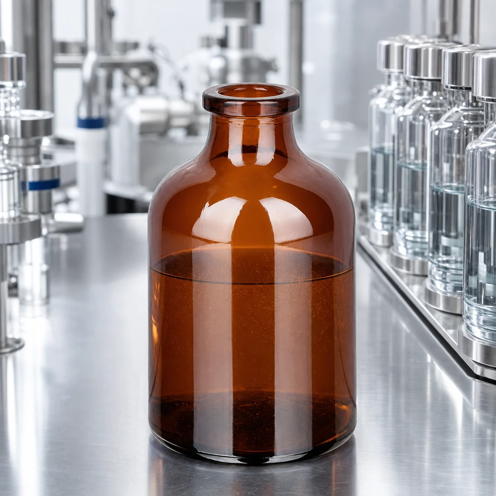 Injekční lahvička z jantarového skla 50ml Injektionsflasche Braunglas 50ml mit bernsteinfarbenem Glaskörper in pharmazeutischer Produktionsumgebung