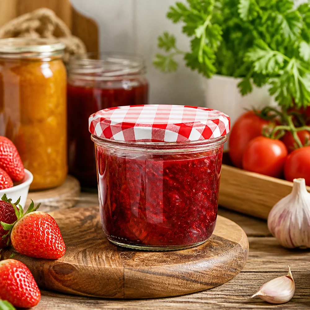 230ml kelímky + víčko BasicSeal červené/bílé UNiTWIST. Sturzglas 230ml in Küchenszene mit Erdbeermarmelade gefüllt und BasicSeal Deckel rot-weiß kariert