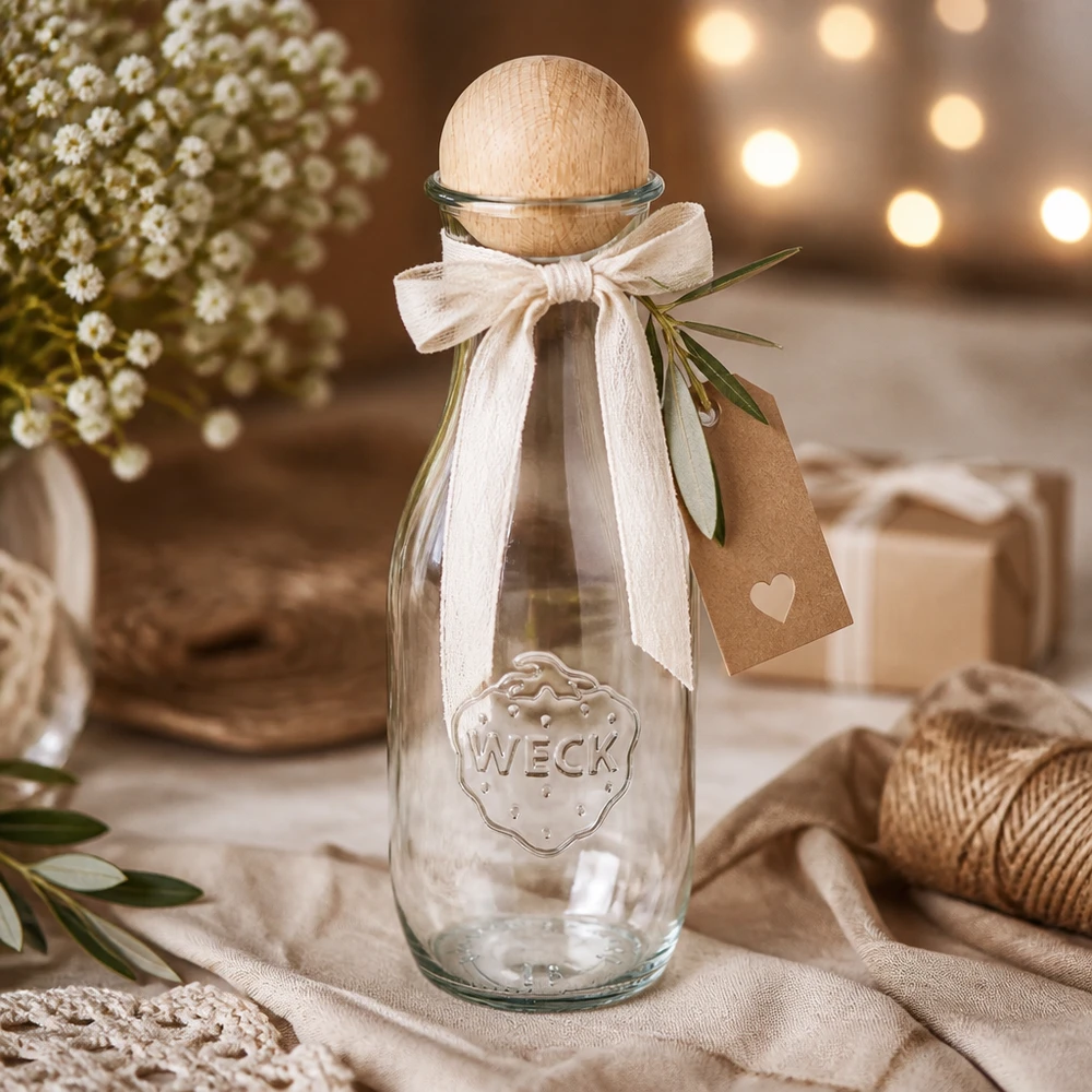 1062ml láhev na džus WECK RR60 s dřevěnou kuličkou buk WECK Saftflasche 1062ml RR60 als Geschenk dekoriert mit weißer Schleife Kraftpapier-Anhänger und Olivenzweig