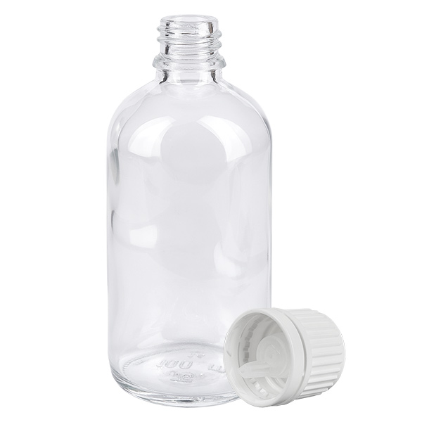 100ml lahvička s kapátkem 0,7mm bílá s uzávěrem proti neoprávněné manipulaci ClearLine UT18/100 Medizinische Tropfflasche 100ml Klarglas gerippter Weißverschluss für präzise Dosierung